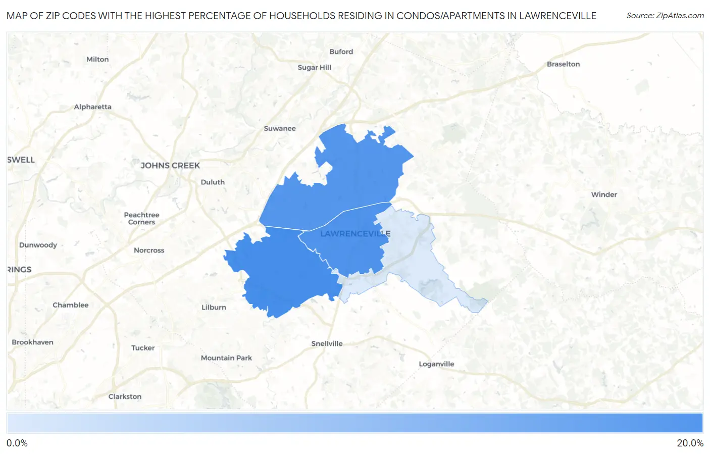 Zip Codes with the Highest Percentage of Households Residing in Condos/Apartments in Lawrenceville Map
