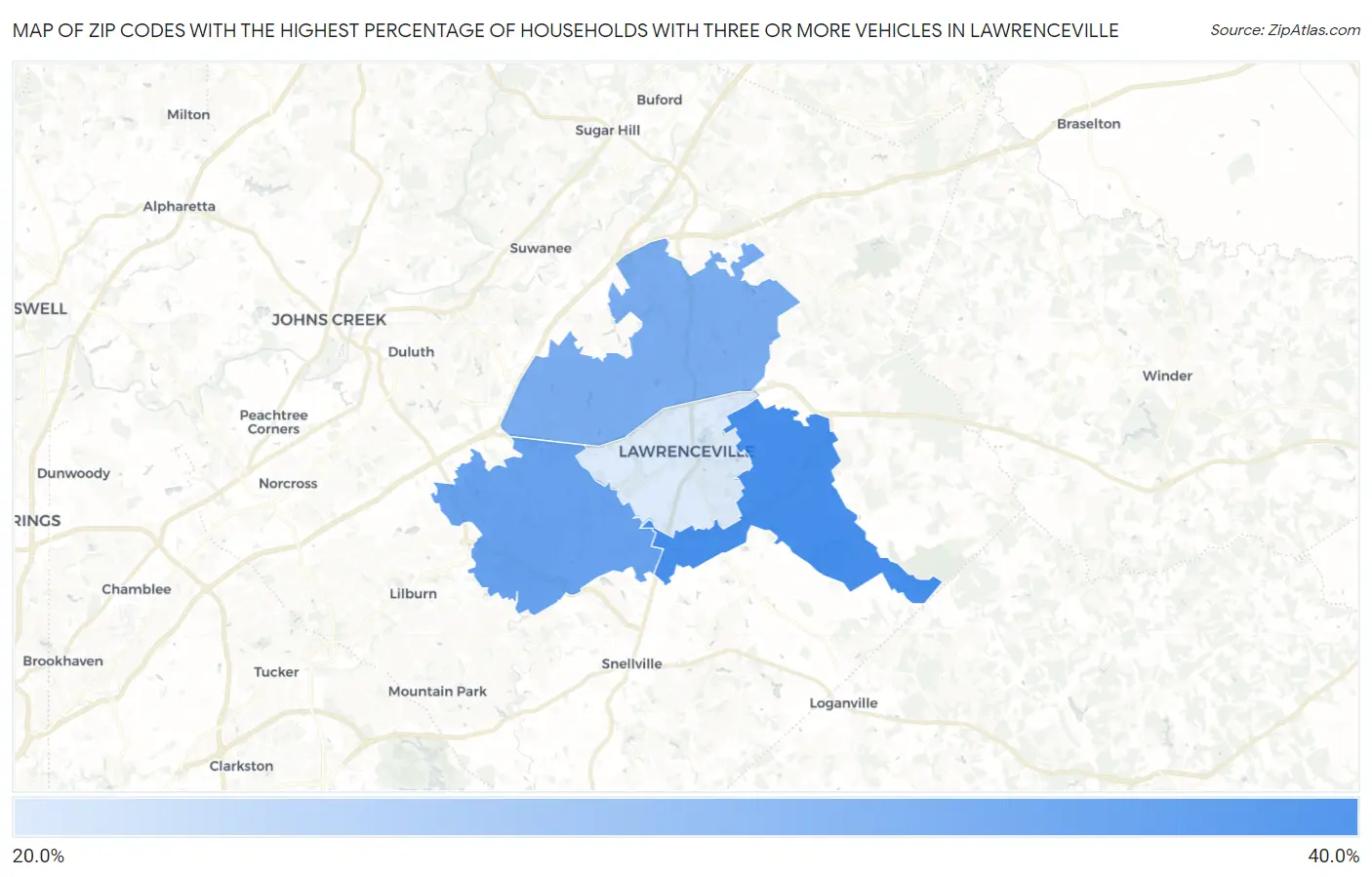 Zip Codes with the Highest Percentage of Households With Three or more Vehicles in Lawrenceville Map