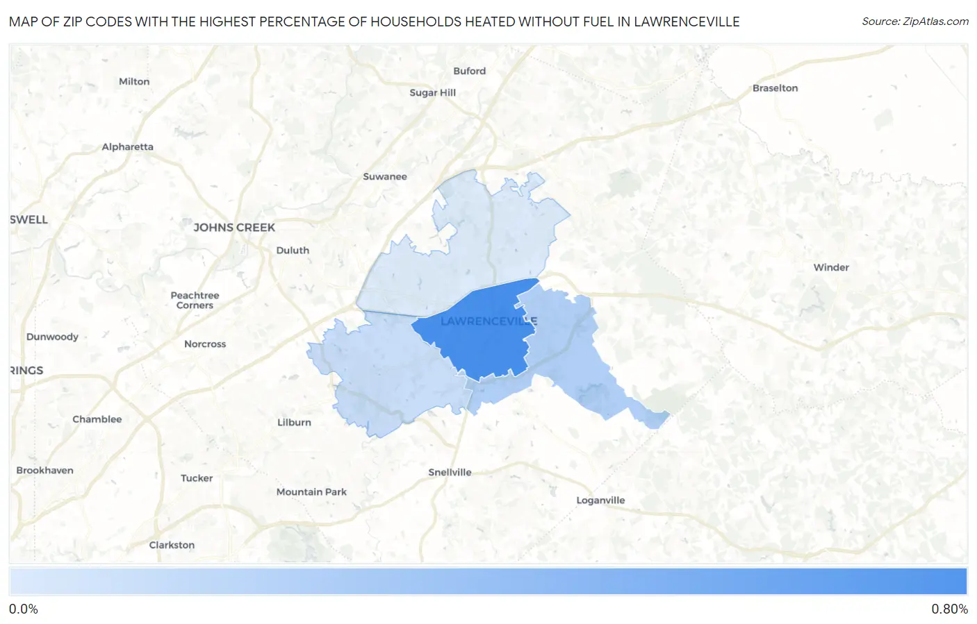 Zip Codes with the Highest Percentage of Households Heated without Fuel in Lawrenceville Map