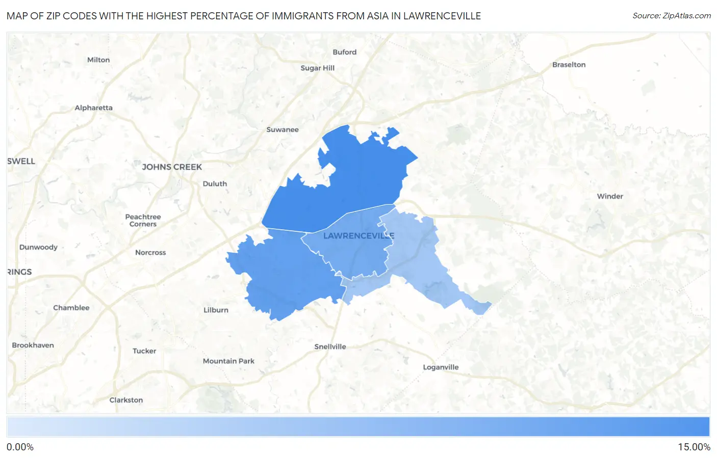 Zip Codes with the Highest Percentage of Immigrants from Asia in Lawrenceville Map