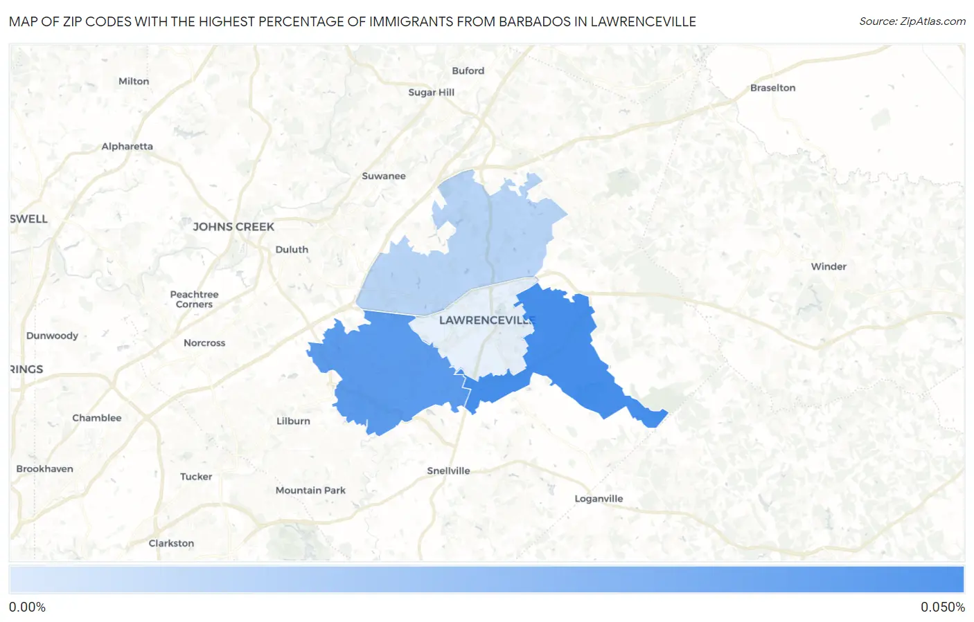 Zip Codes with the Highest Percentage of Immigrants from Barbados in Lawrenceville Map