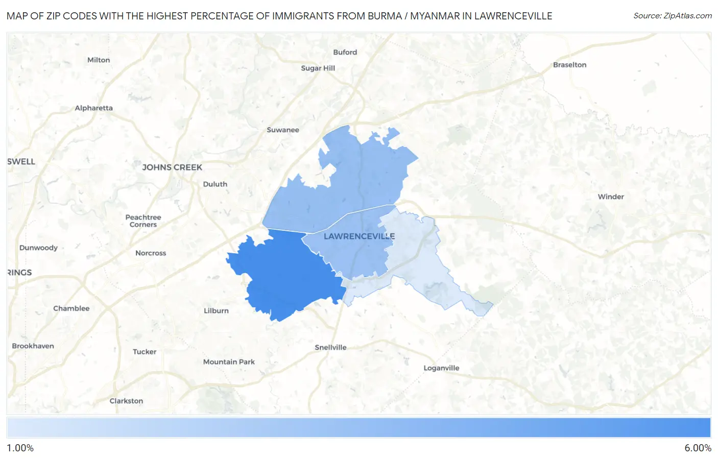 Zip Codes with the Highest Percentage of Immigrants from Burma / Myanmar in Lawrenceville Map