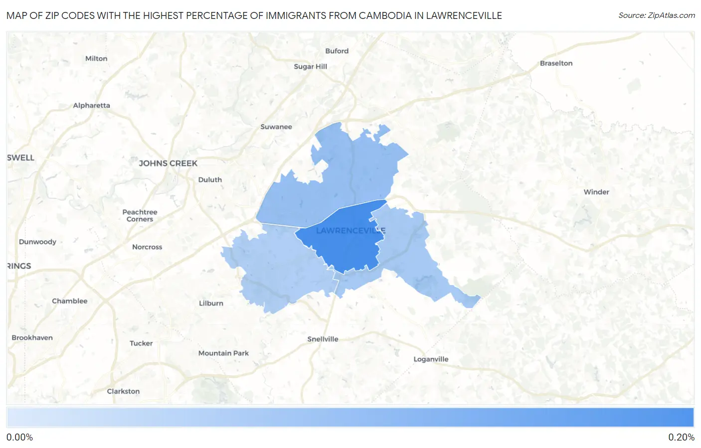 Zip Codes with the Highest Percentage of Immigrants from Cambodia in Lawrenceville Map
