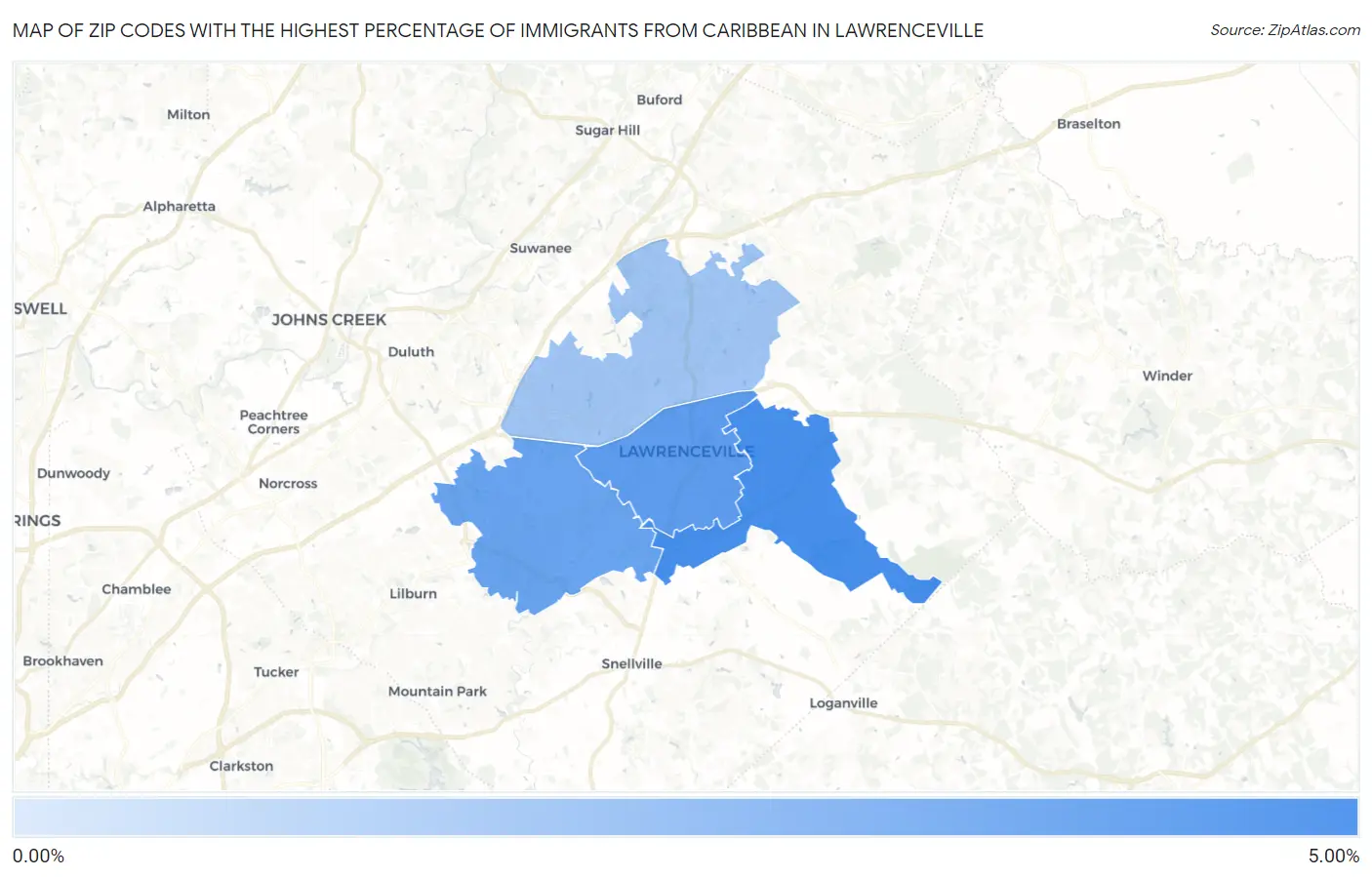 Zip Codes with the Highest Percentage of Immigrants from Caribbean in Lawrenceville Map
