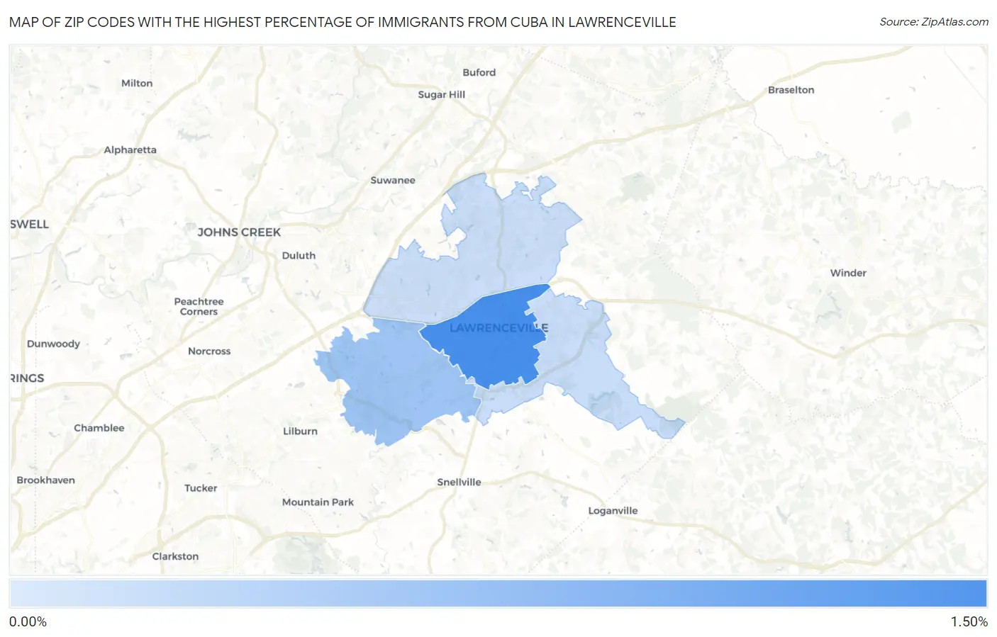 Zip Codes with the Highest Percentage of Immigrants from Cuba in Lawrenceville Map