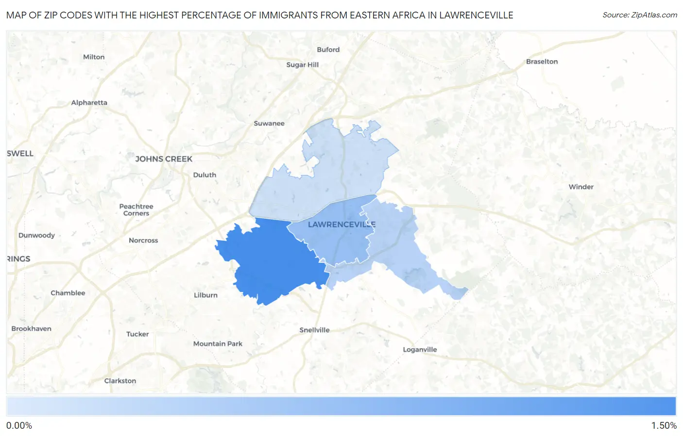 Zip Codes with the Highest Percentage of Immigrants from Eastern Africa in Lawrenceville Map