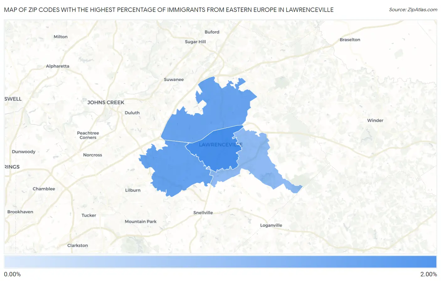 Zip Codes with the Highest Percentage of Immigrants from Eastern Europe in Lawrenceville Map