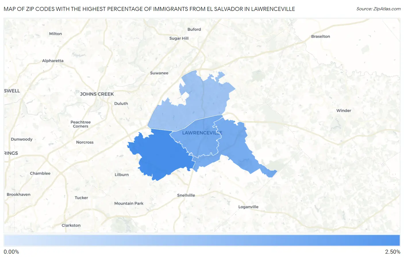 Zip Codes with the Highest Percentage of Immigrants from El Salvador in Lawrenceville Map