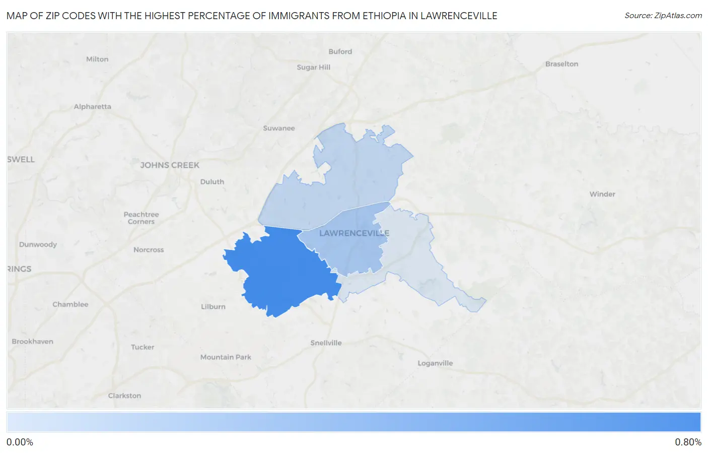 Zip Codes with the Highest Percentage of Immigrants from Ethiopia in Lawrenceville Map