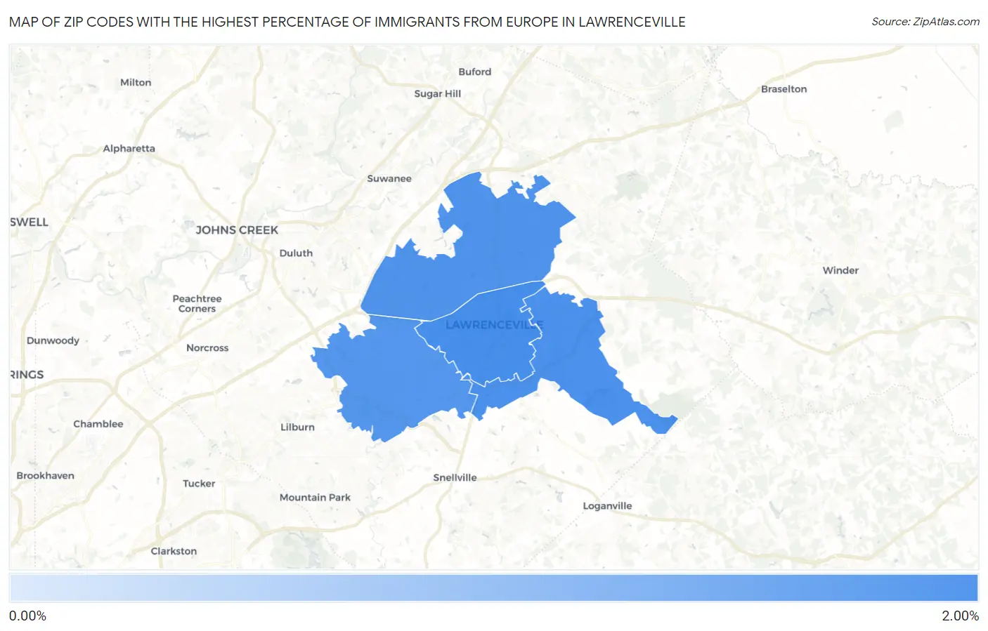 Zip Codes with the Highest Percentage of Immigrants from Europe in Lawrenceville Map