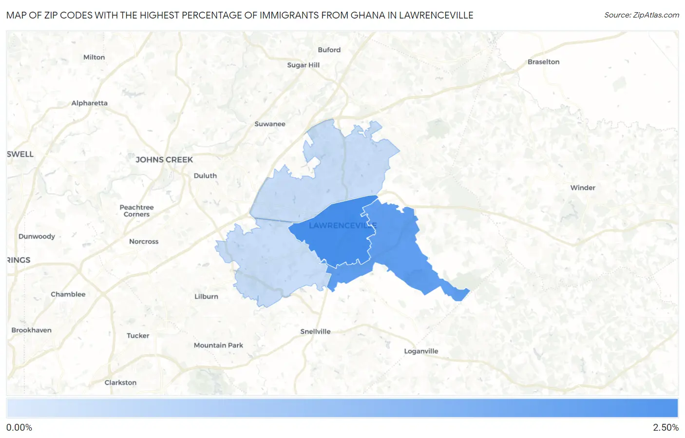 Zip Codes with the Highest Percentage of Immigrants from Ghana in Lawrenceville Map