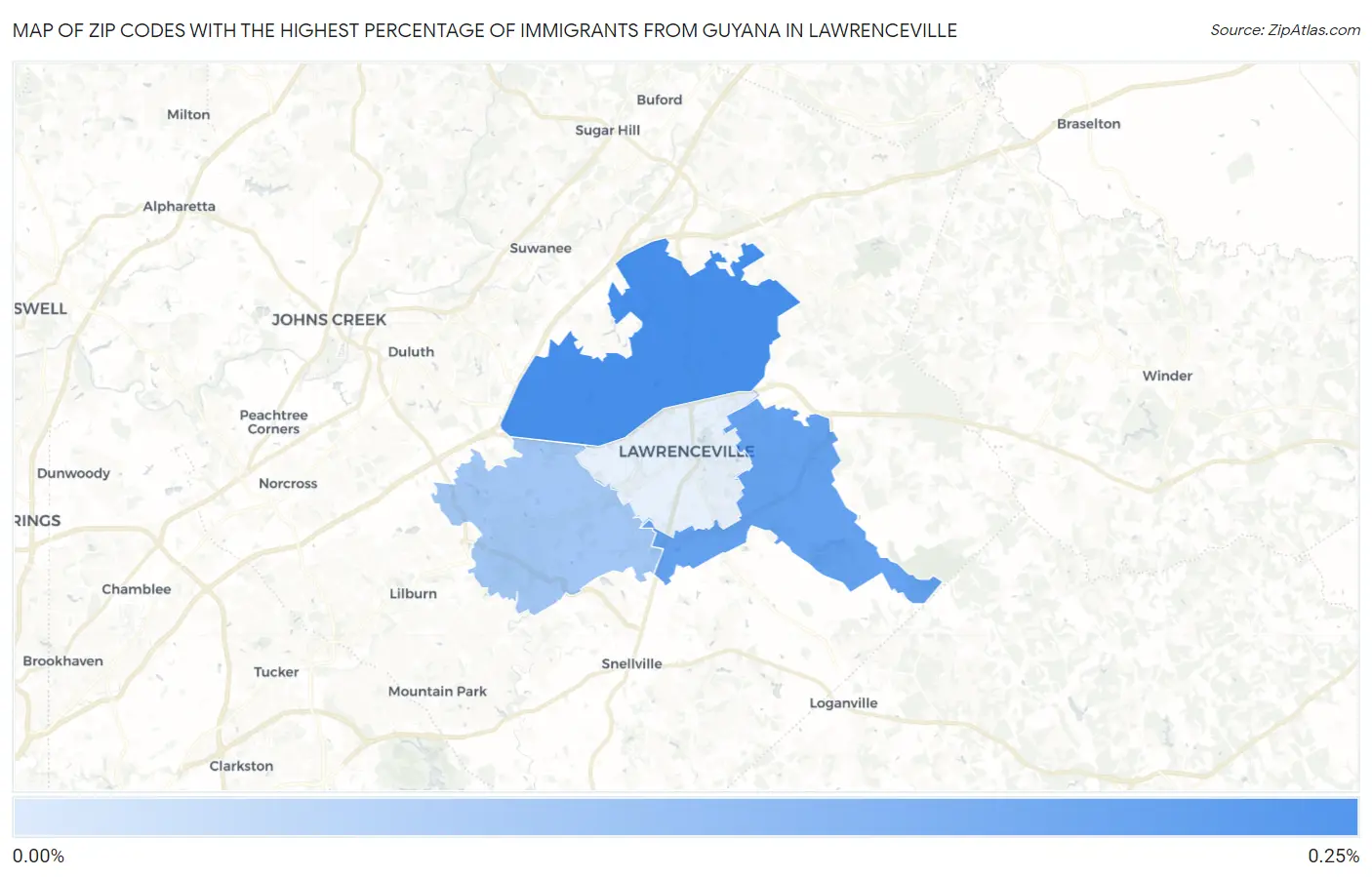 Zip Codes with the Highest Percentage of Immigrants from Guyana in Lawrenceville Map