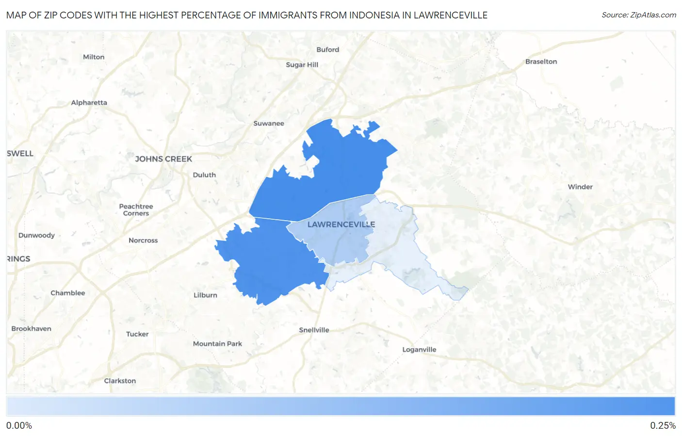 Zip Codes with the Highest Percentage of Immigrants from Indonesia in Lawrenceville Map