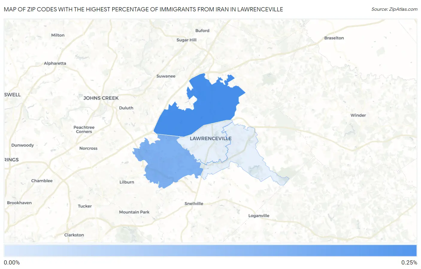 Zip Codes with the Highest Percentage of Immigrants from Iran in Lawrenceville Map