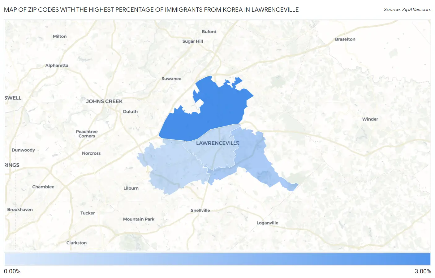 Zip Codes with the Highest Percentage of Immigrants from Korea in Lawrenceville Map