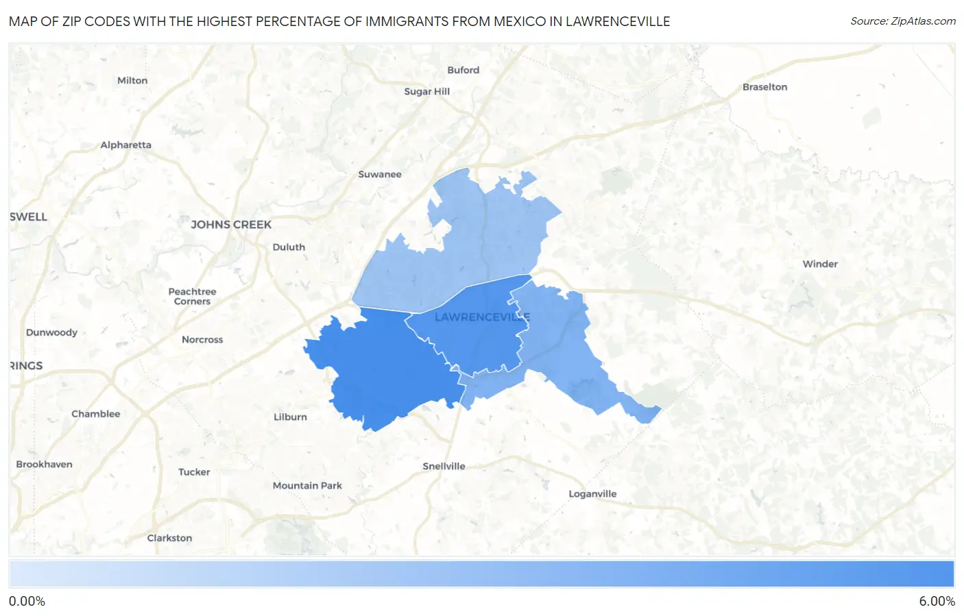Zip Codes with the Highest Percentage of Immigrants from Mexico in Lawrenceville Map