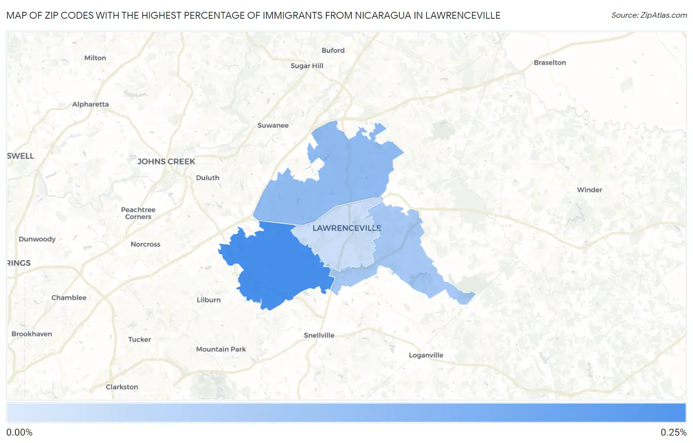 Zip Codes with the Highest Percentage of Immigrants from Nicaragua in Lawrenceville Map