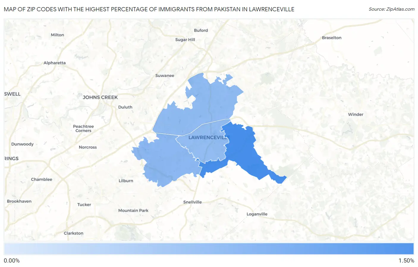 Zip Codes with the Highest Percentage of Immigrants from Pakistan in Lawrenceville Map