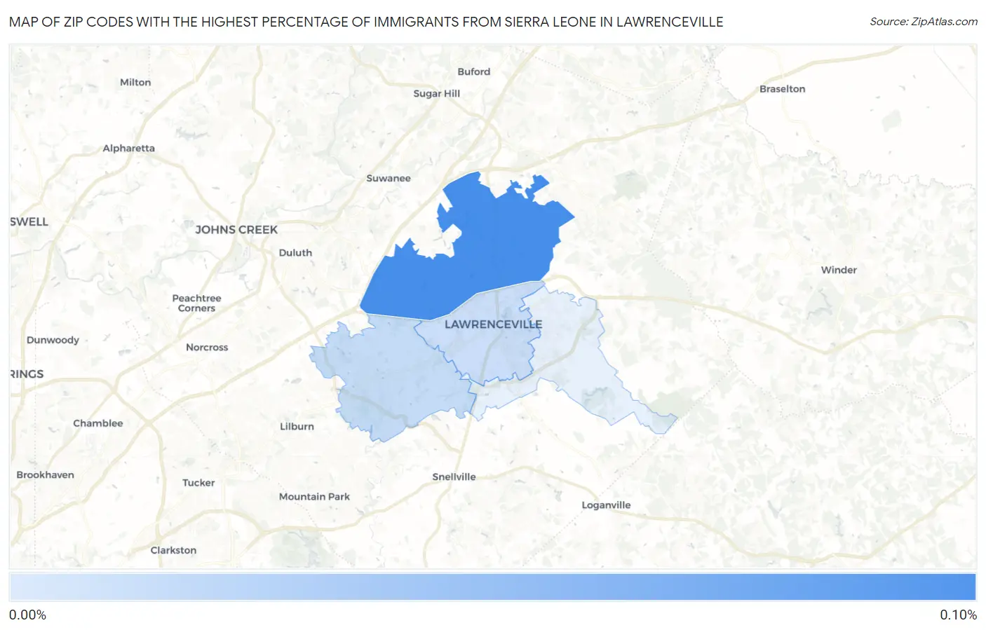 Zip Codes with the Highest Percentage of Immigrants from Sierra Leone in Lawrenceville Map