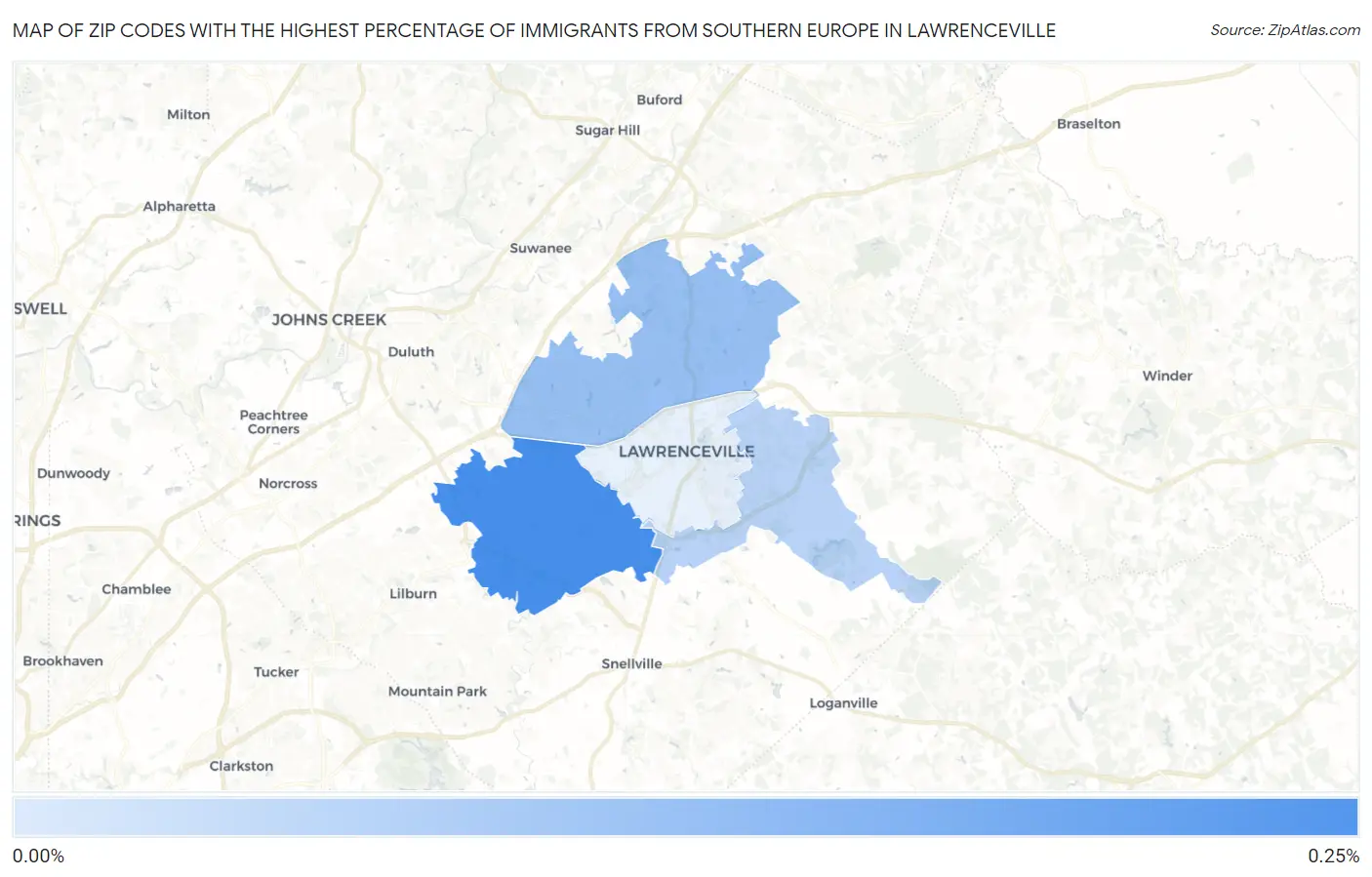 Zip Codes with the Highest Percentage of Immigrants from Southern Europe in Lawrenceville Map