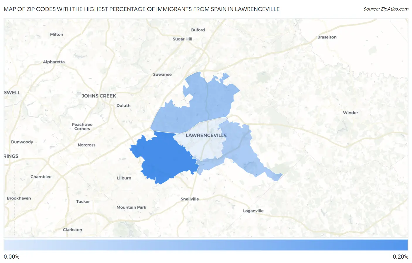 Zip Codes with the Highest Percentage of Immigrants from Spain in Lawrenceville Map