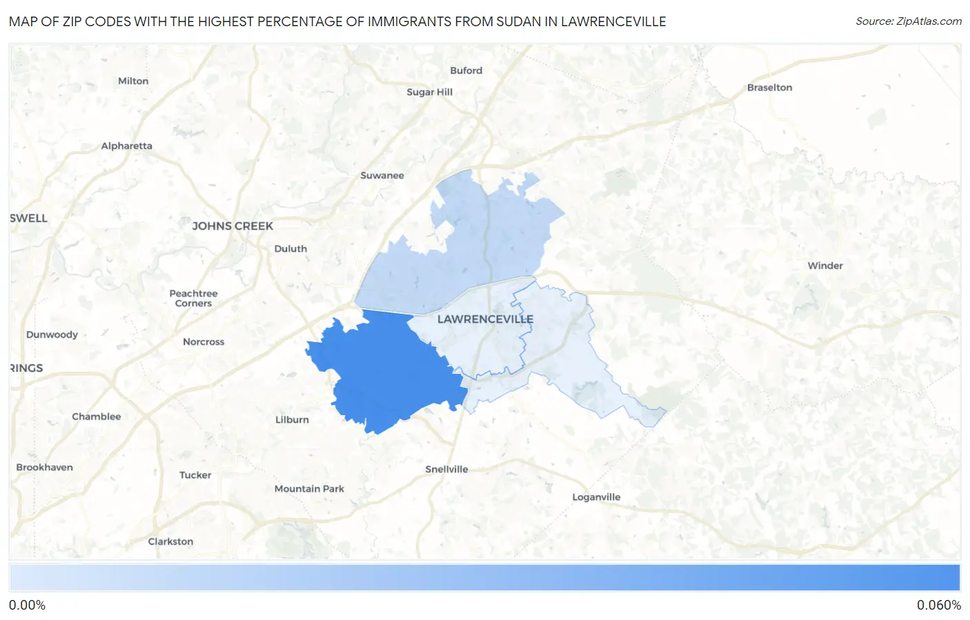 Zip Codes with the Highest Percentage of Immigrants from Sudan in Lawrenceville Map