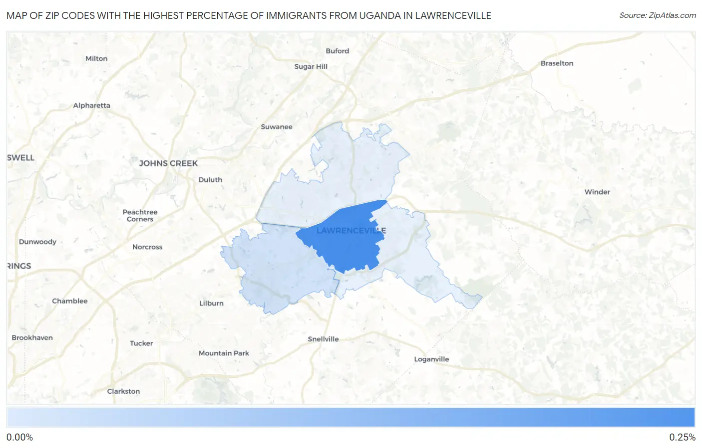 Zip Codes with the Highest Percentage of Immigrants from Uganda in Lawrenceville Map