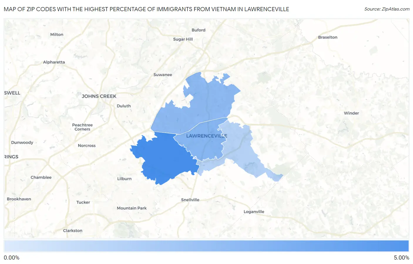 Zip Codes with the Highest Percentage of Immigrants from Vietnam in Lawrenceville Map