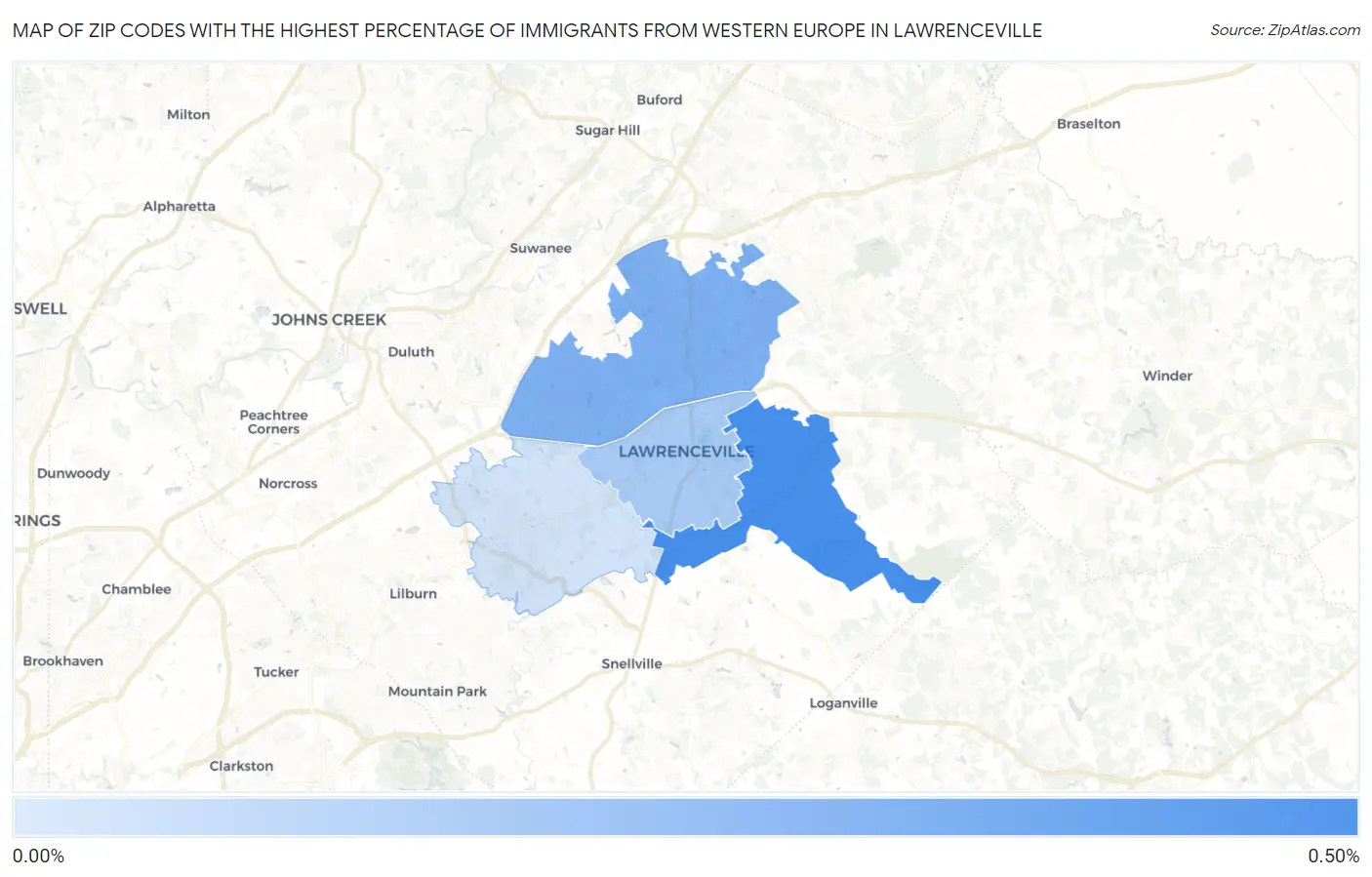 Zip Codes with the Highest Percentage of Immigrants from Western Europe in Lawrenceville Map