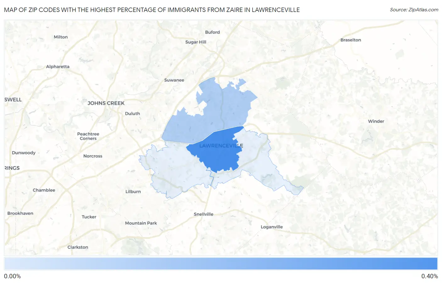 Zip Codes with the Highest Percentage of Immigrants from Zaire in Lawrenceville Map