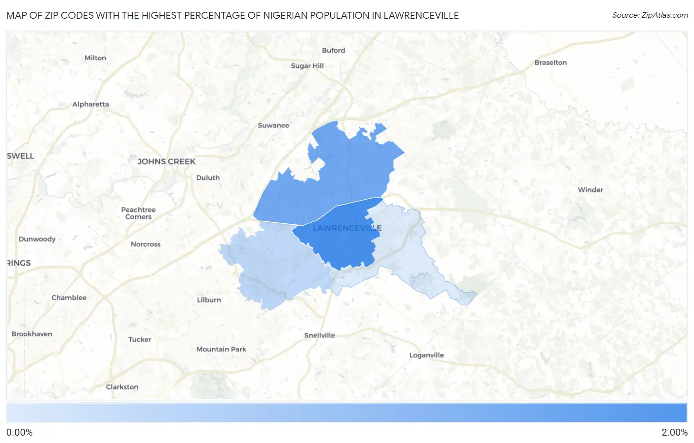 Zip Codes with the Highest Percentage of Nigerian Population in Lawrenceville Map