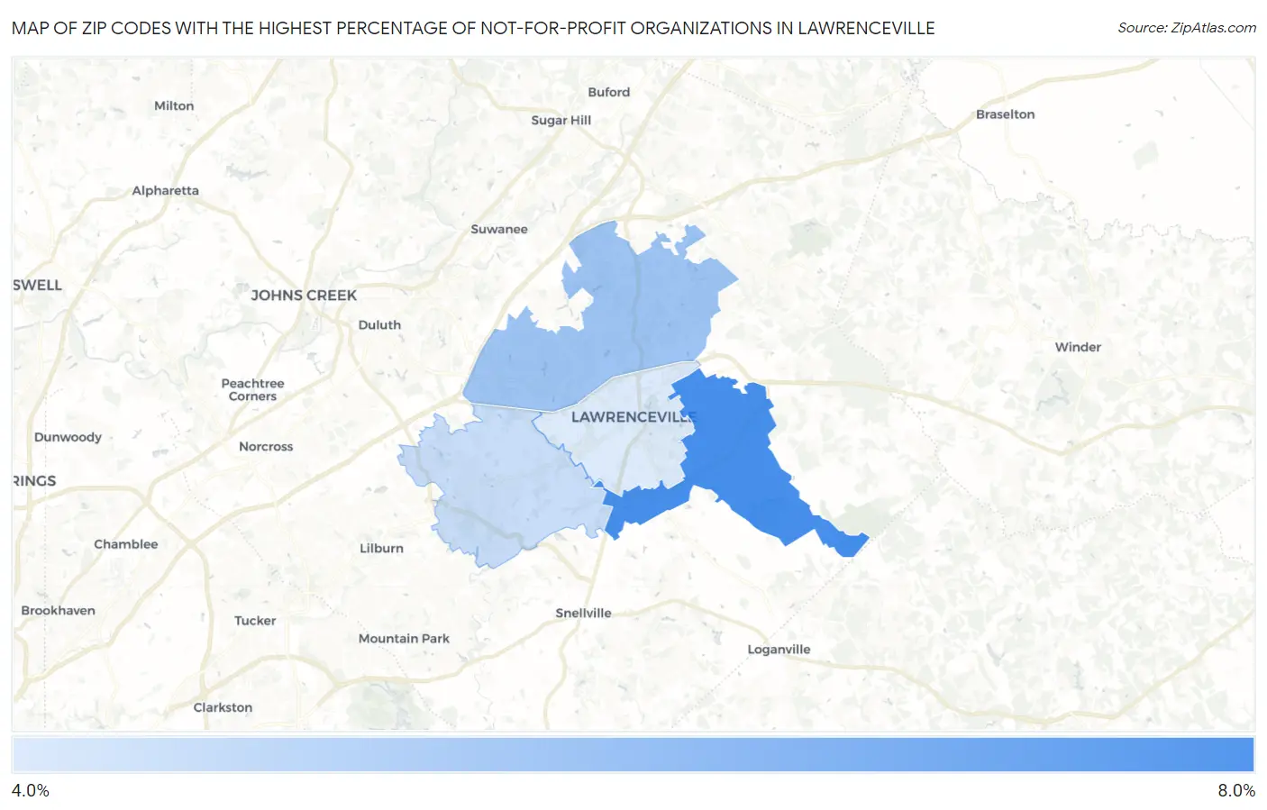 Zip Codes with the Highest Percentage of Not-for-profit Organizations in Lawrenceville Map