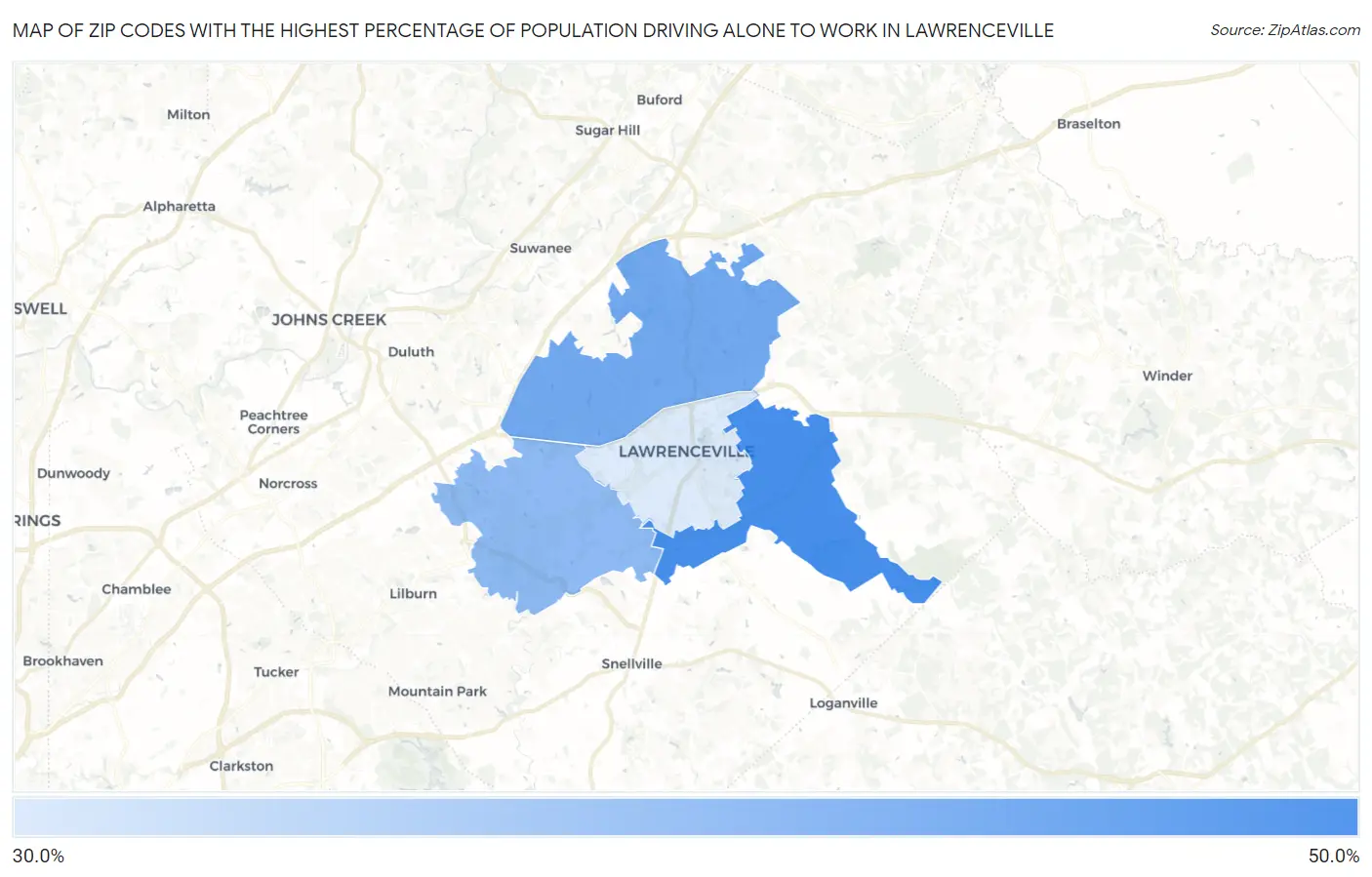Zip Codes with the Highest Percentage of Population Driving Alone to Work in Lawrenceville Map
