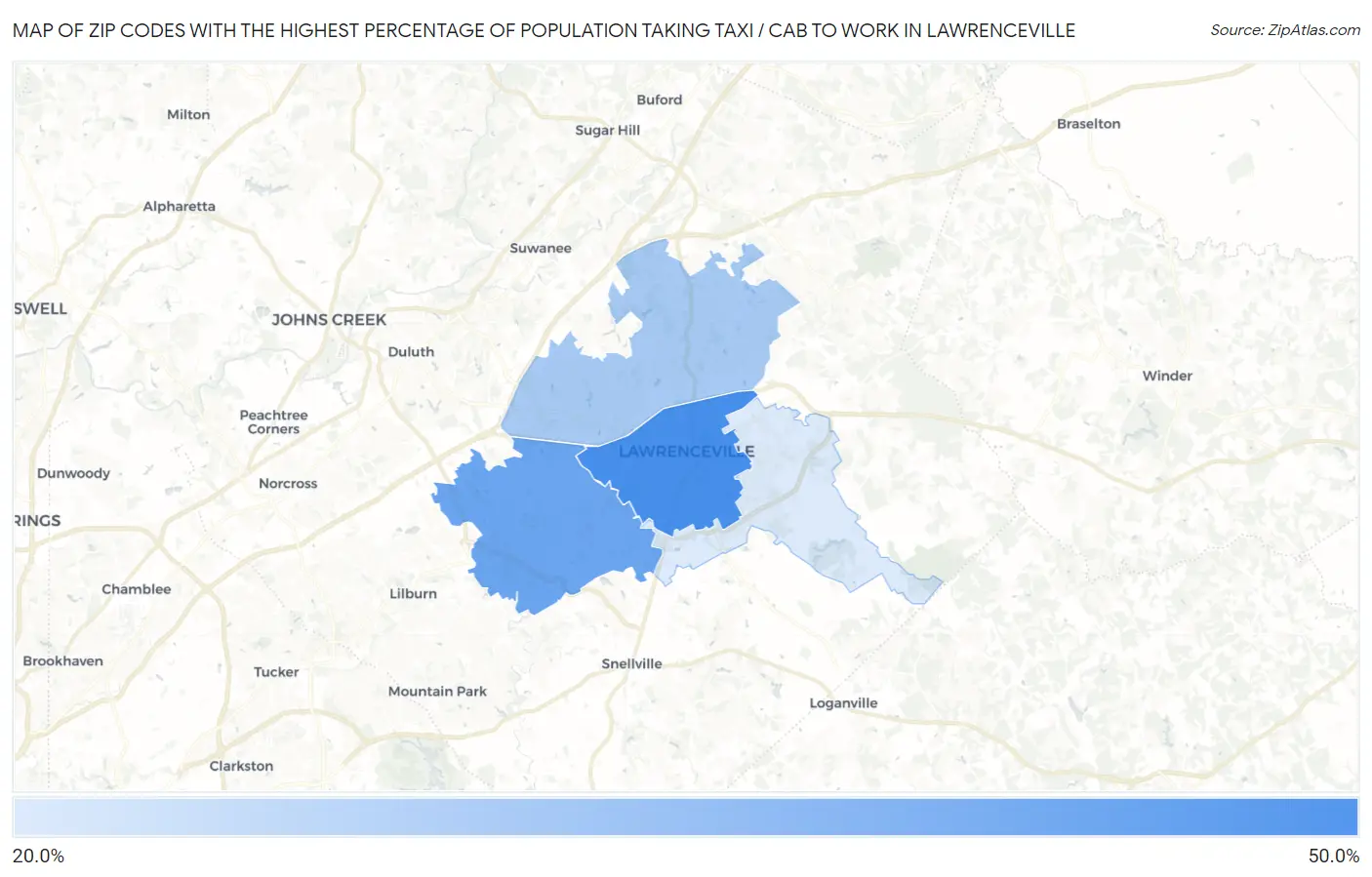 Zip Codes with the Highest Percentage of Population Taking Taxi / Cab to Work in Lawrenceville Map