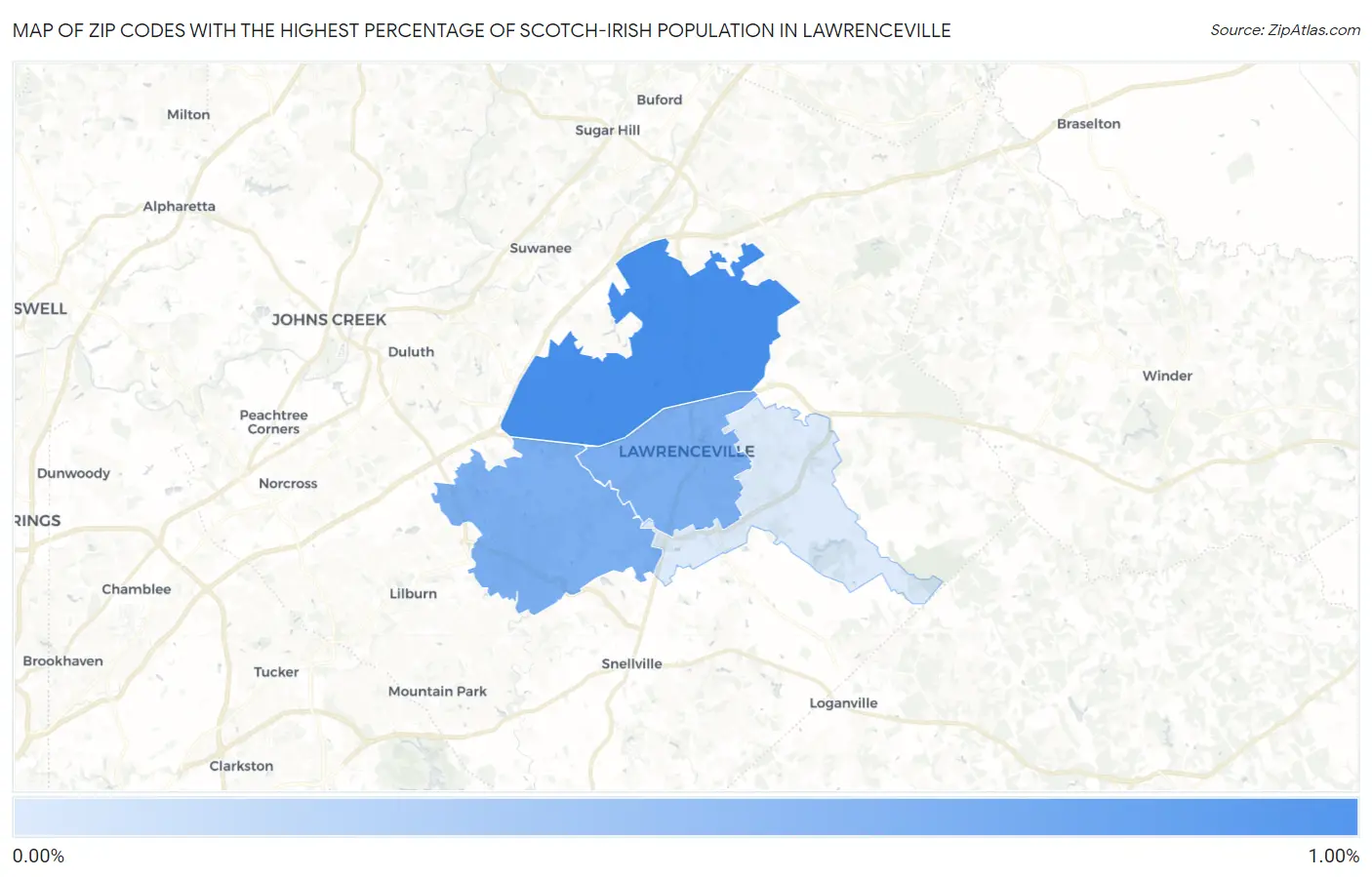 Zip Codes with the Highest Percentage of Scotch-Irish Population in Lawrenceville Map