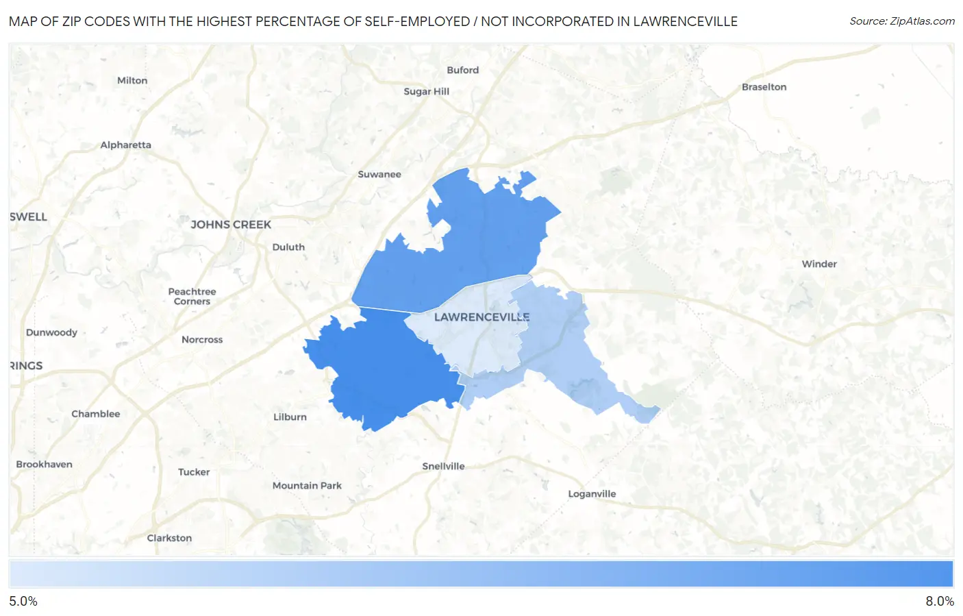 Zip Codes with the Highest Percentage of Self-Employed / Not Incorporated in Lawrenceville Map