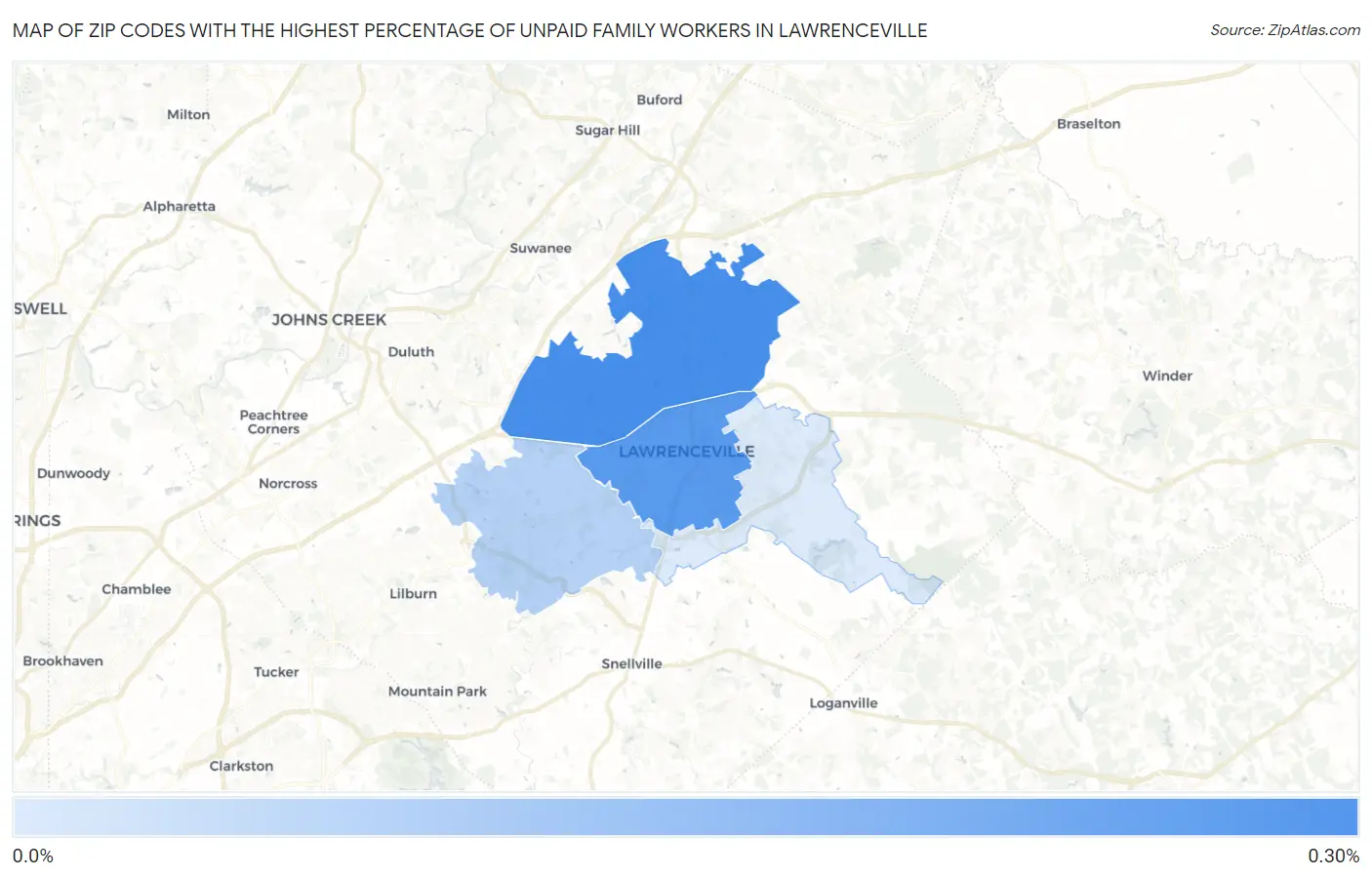 Zip Codes with the Highest Percentage of Unpaid Family Workers in Lawrenceville Map