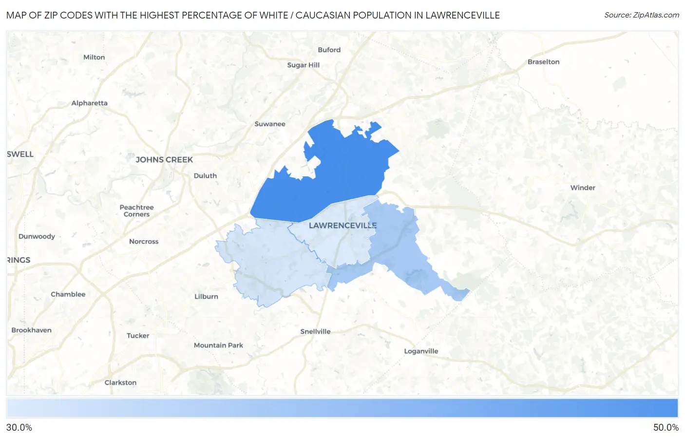 Zip Codes with the Highest Percentage of White / Caucasian Population in Lawrenceville Map
