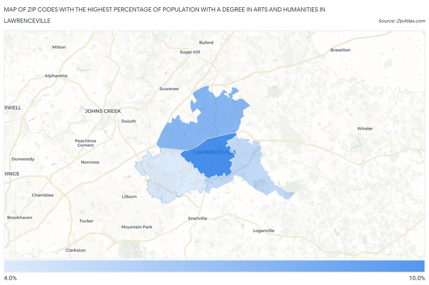 Zip Codes with the Highest Percentage of Population with a Degree in Arts and Humanities in Lawrenceville Map