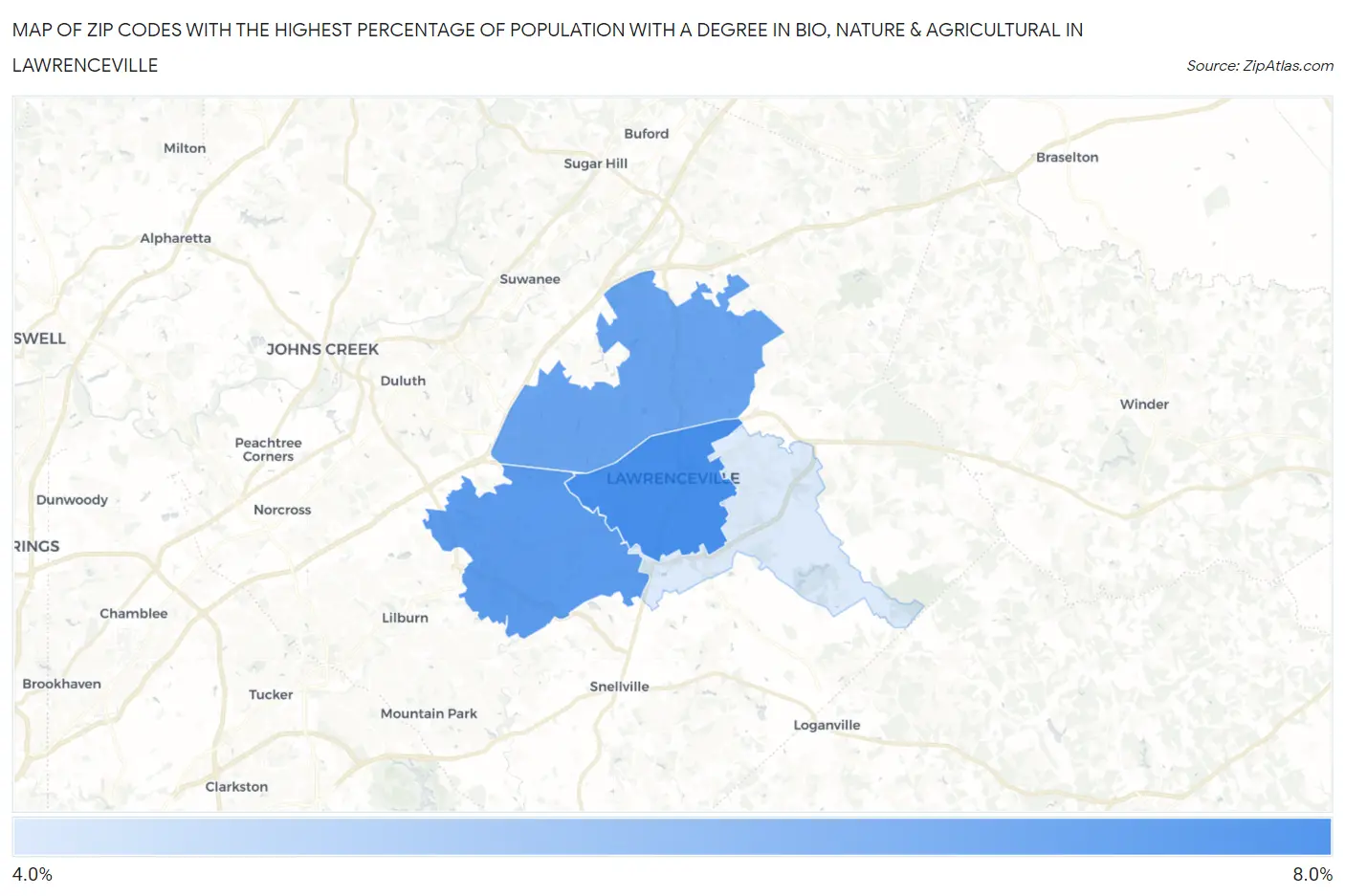 Zip Codes with the Highest Percentage of Population with a Degree in Bio, Nature & Agricultural in Lawrenceville Map
