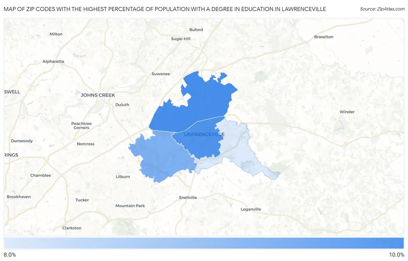 Zip Codes with the Highest Percentage of Population with a Degree in Education in Lawrenceville Map