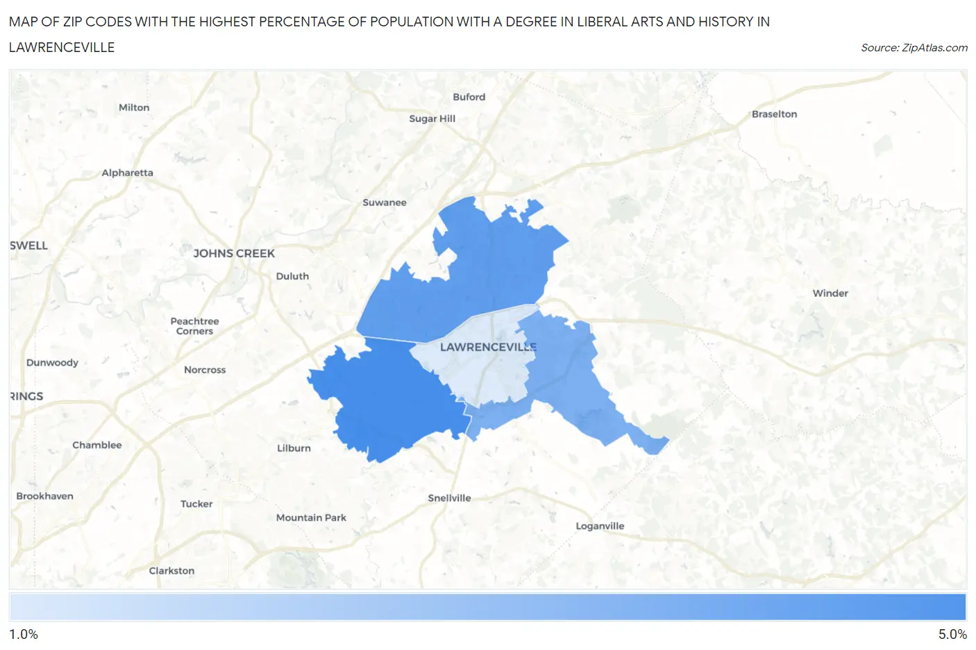 Zip Codes with the Highest Percentage of Population with a Degree in Liberal Arts and History in Lawrenceville Map