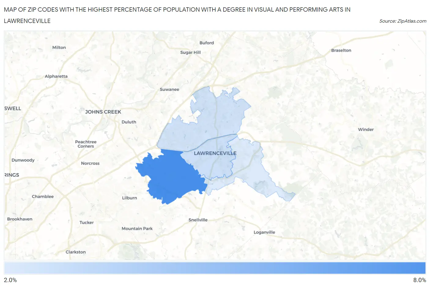 Zip Codes with the Highest Percentage of Population with a Degree in Visual and Performing Arts in Lawrenceville Map