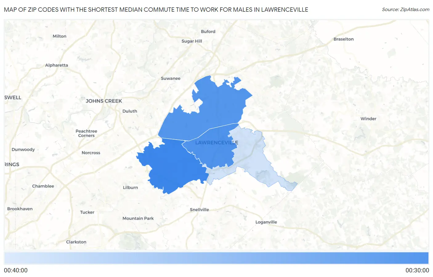 Zip Codes with the Shortest Median Commute Time to Work for Males in Lawrenceville Map