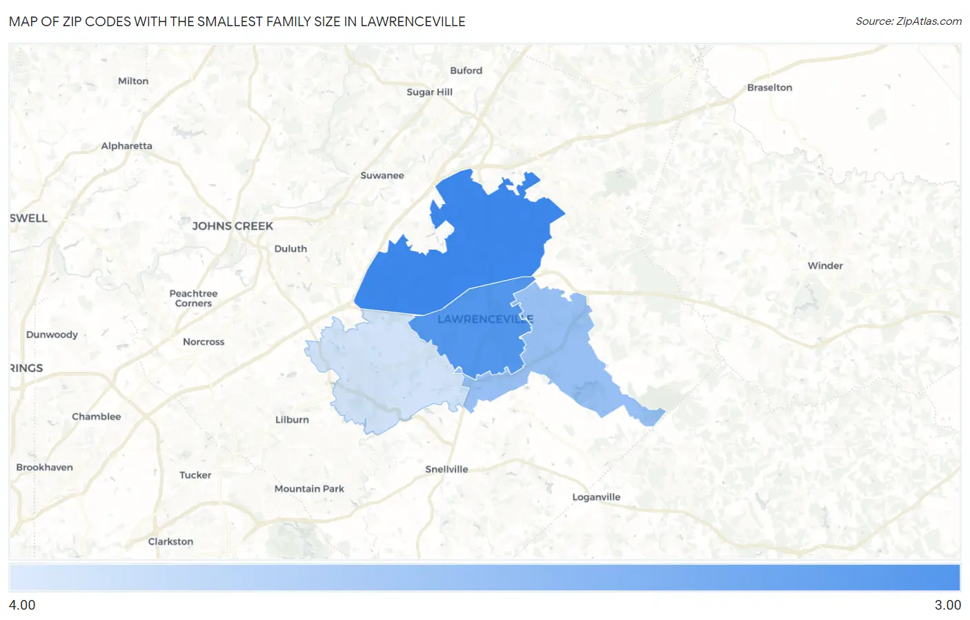 Zip Codes with the Smallest Family Size in Lawrenceville Map