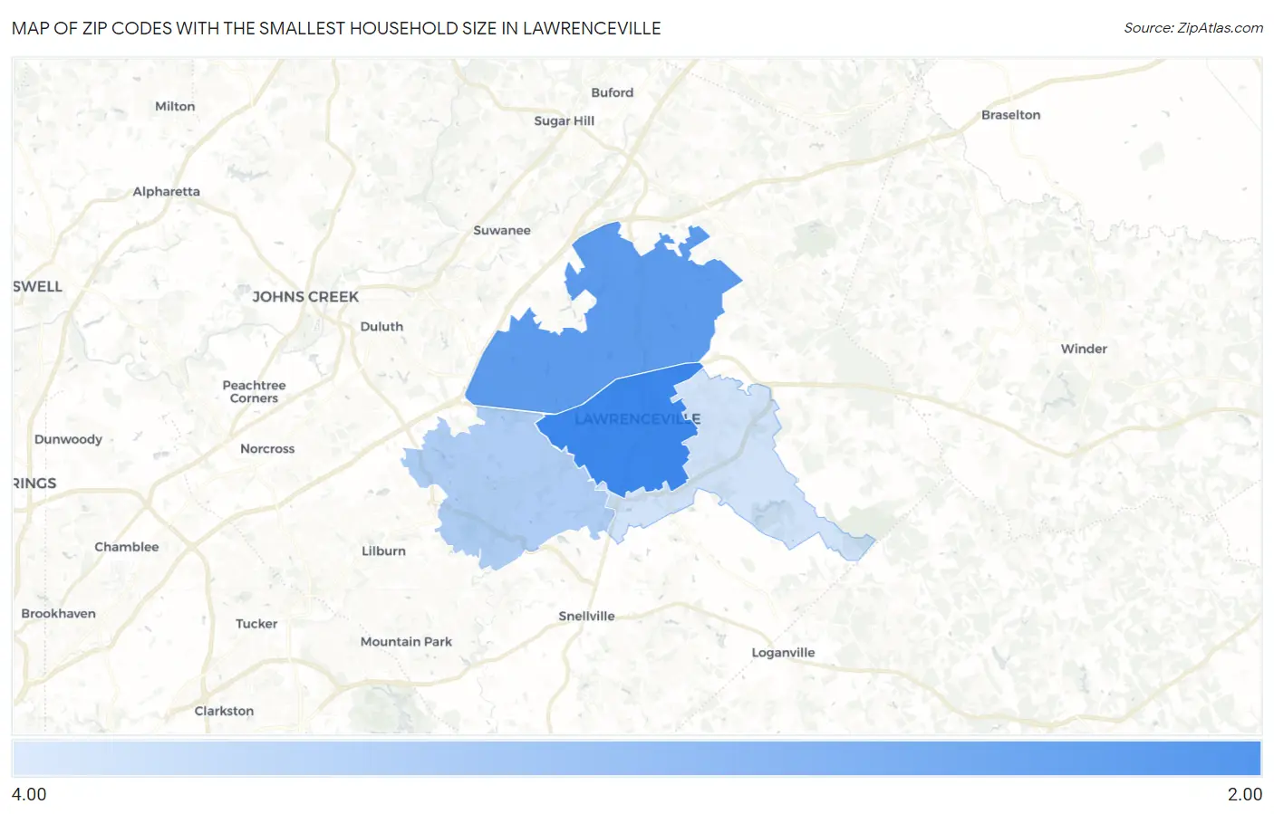 Zip Codes with the Smallest Household Size in Lawrenceville Map