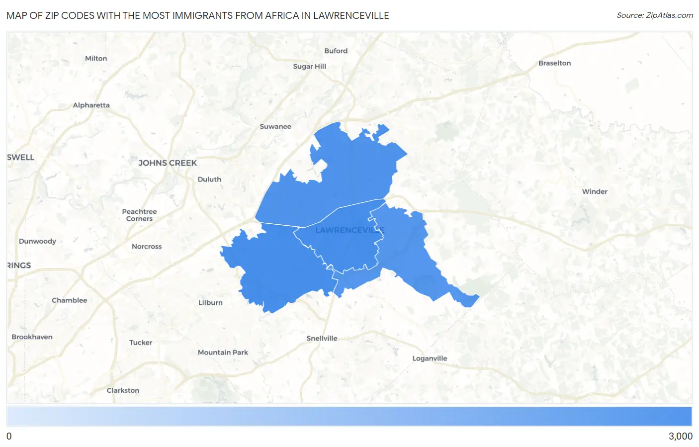 Zip Codes with the Most Immigrants from Africa in Lawrenceville Map