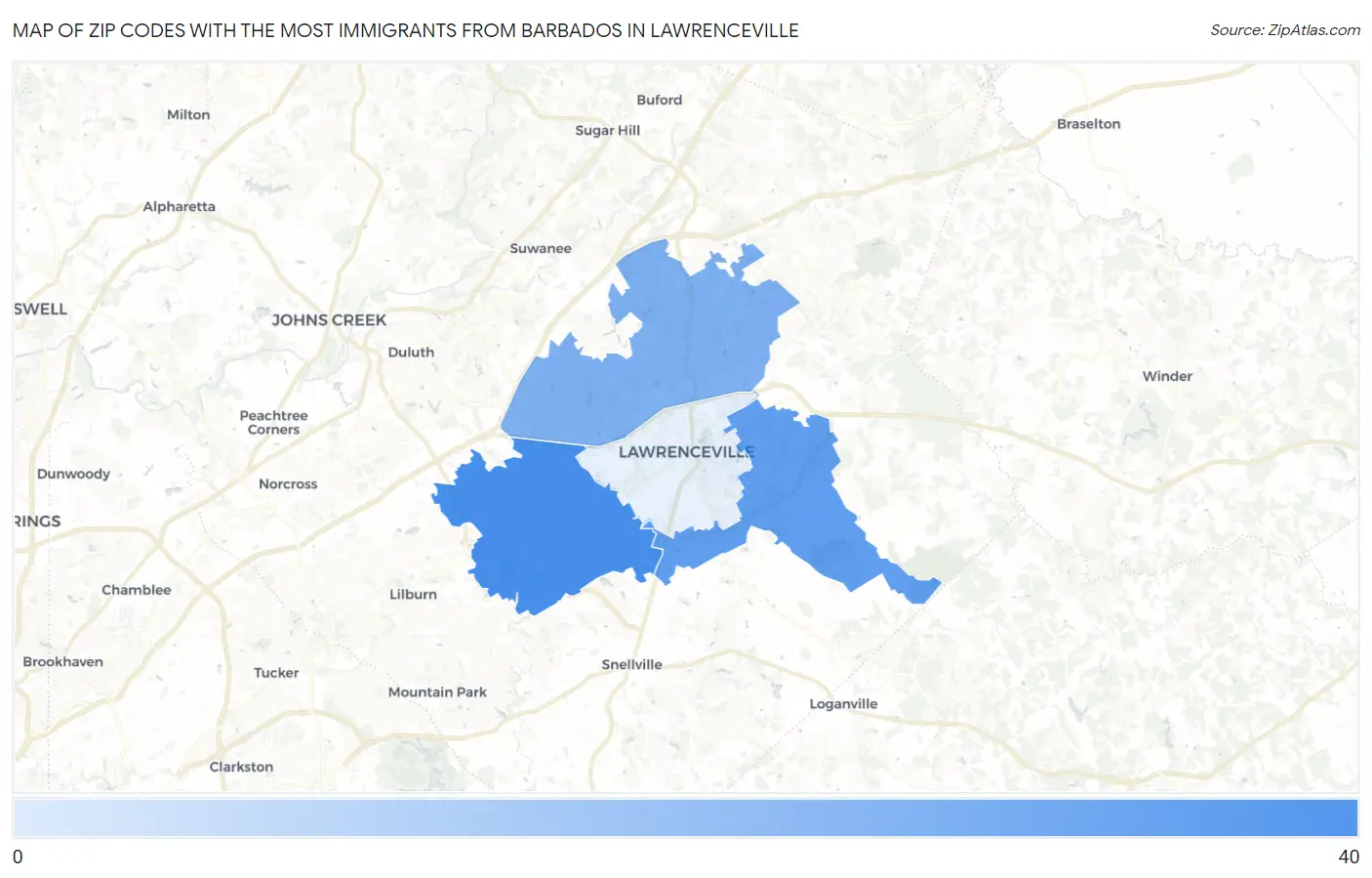 Zip Codes with the Most Immigrants from Barbados in Lawrenceville Map