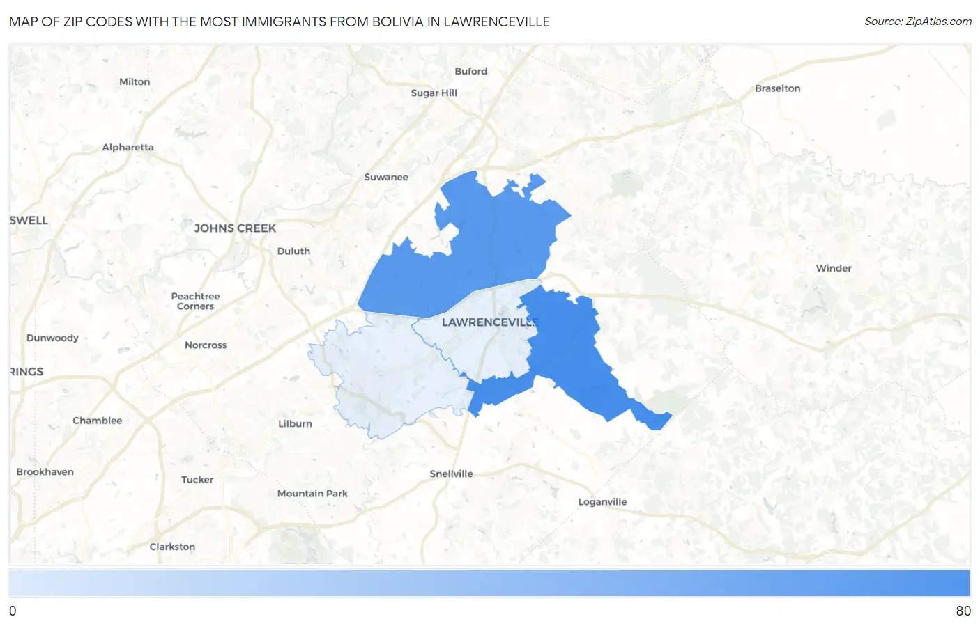 Zip Codes with the Most Immigrants from Bolivia in Lawrenceville Map