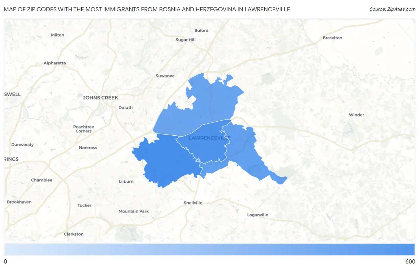 Zip Codes with the Most Immigrants from Bosnia and Herzegovina in Lawrenceville Map